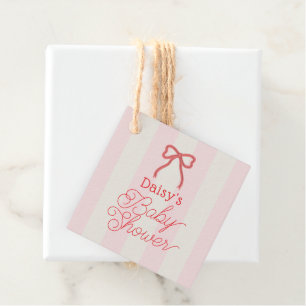 Red Bow & Pink Stripes Baby Shower Favour Tags
