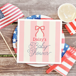 Red Bow & Pink Stripes Baby Shower Napkin