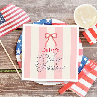 Red Bow & Pink Stripes Baby Shower Napkin