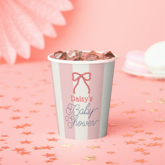 Red Bow & Pink Stripes Baby Shower Paper Cups
