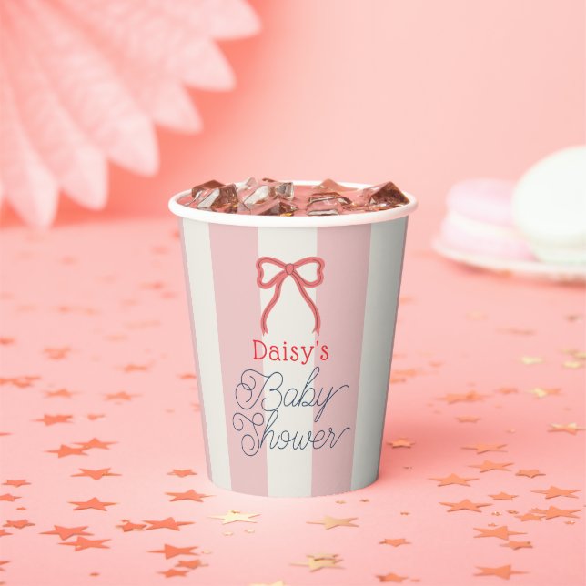 Red Bow & Pink Stripes Baby Shower Paper Cups (Insitu)