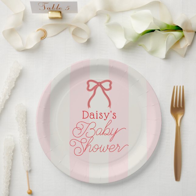 Red Bow & Pink Stripes Baby Shower Paper Plate (Wedding)