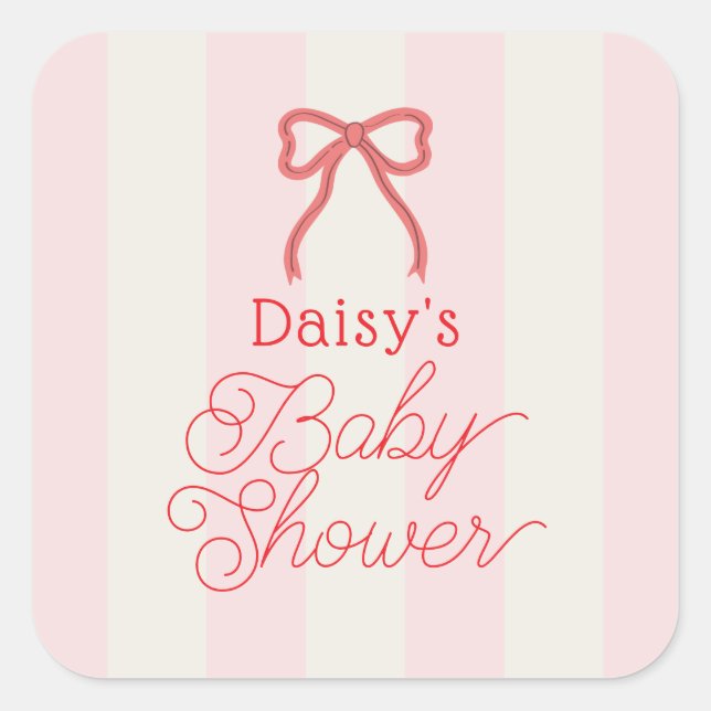 Red Bow & Pink Stripes Baby Shower Square Sticker (Front)