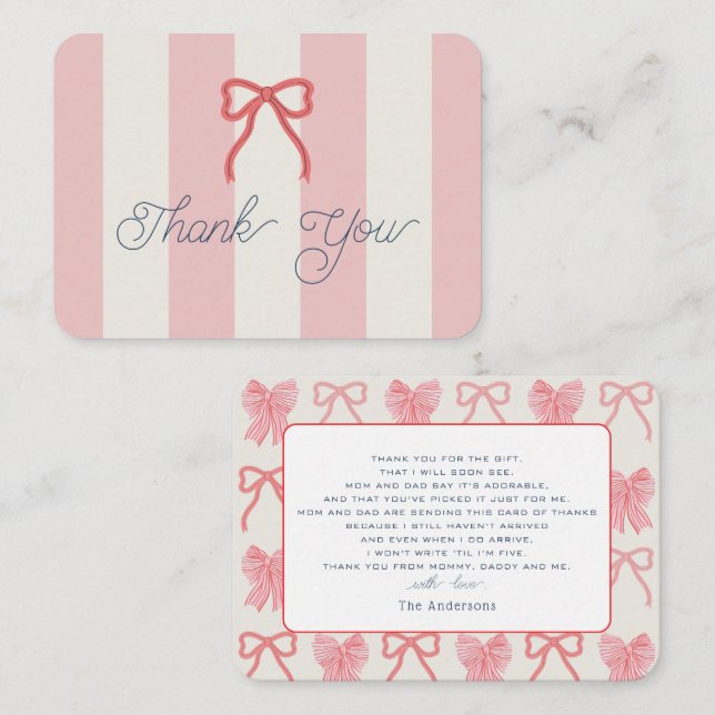 Red Bow & Pink Stripes Baby Shower Thank You Card (Front/Back)