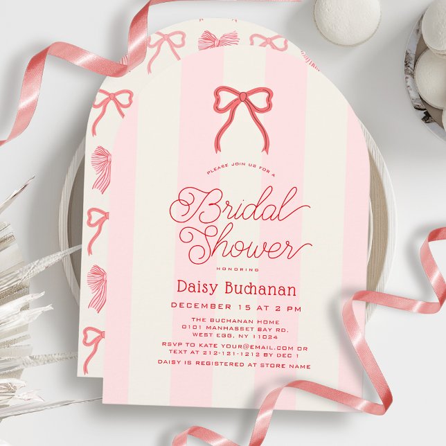 Red Bow & Pink Stripes Bridal Shower Invitation (Creator Uploaded)