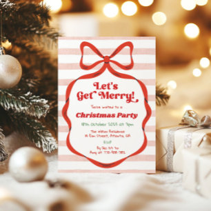 Red Bow Pink Stripes Trendy Christmas Party Invitation