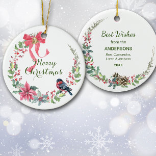 Red Bow Poinsettia Bird Holiday Wreath Ceramic Tree Decoration