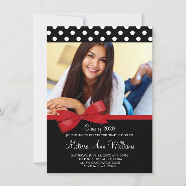 Red Bow Polka Dots Photo Graduation Announcement (Front)
