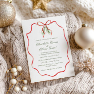 Red Bow Ribbon Winter Wedding Invitation