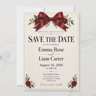 Red Bow Rose Border Save the Date Invitation