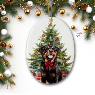 Red Bow Rottweiler Dog Christmas Ceramic Tree Decoration