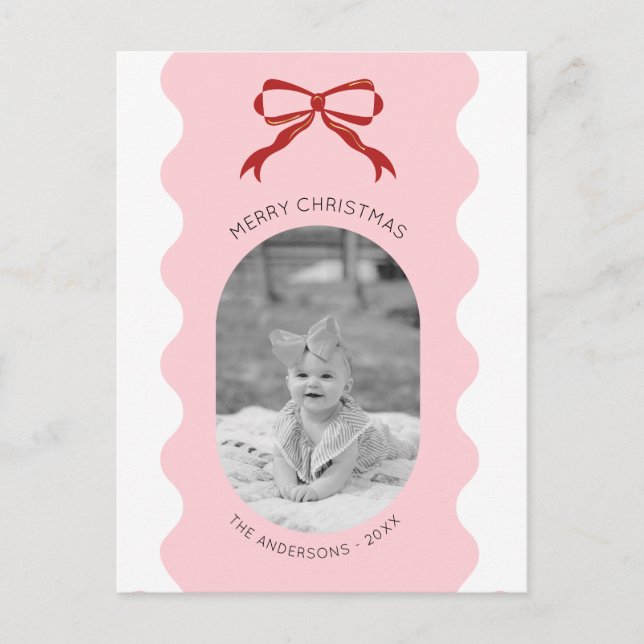Red Bow Scalloped Photo Christmas Holiday Postcard (Front)
