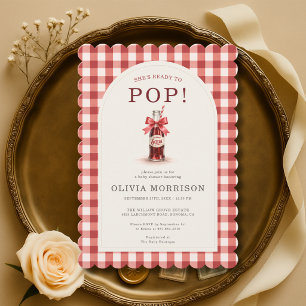 Red Bow She's Ready to Pop Gingham Baby Shower Invitation