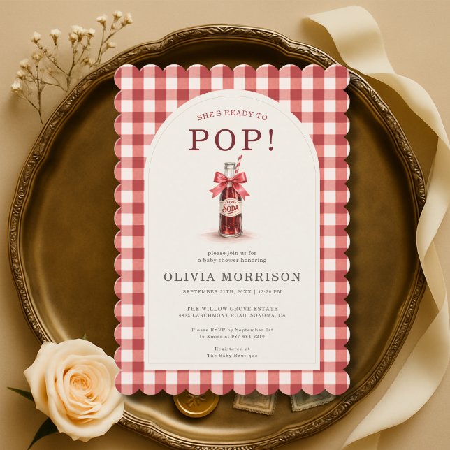 Red Bow She's Ready to Pop Gingham Baby Shower Invitation (Creator Uploaded)