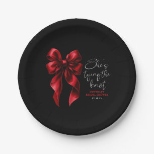 Red Bow She's Tying the Knot Black Bridal Shower Paper Plate