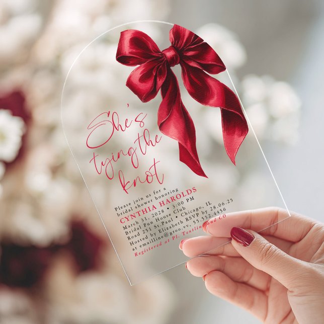 Red Bow She's Tying the Knot Bridal Shower Acrylic Invitations (Red Bow Bridal Shower Acrylic Arch Invitation)