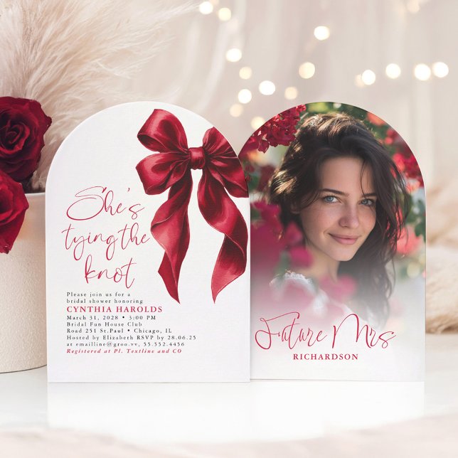 Red Bow She's Tying the Knot Bridal Shower Photo Invitation (Red Bow Bridal Shower Photo Invitation)