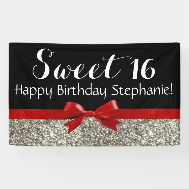 Red Bow Silver Glitter Sweet 16 Birthday Party Banner (Horizontal)
