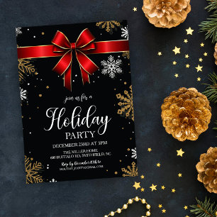 Red Bow Snowflake Christmas Holiday Party Invitation