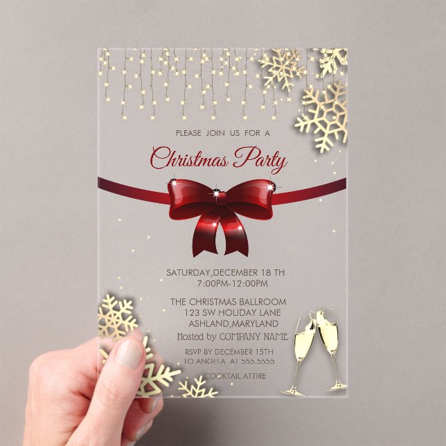 Red Bow,Snowflakes,Glasses Gold Company Christmas Acrylic Invitations (Insitu (Handheld))