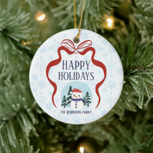 Red Bow Snowman Snowflakes Family Name Year Ceramic Tree Decoration