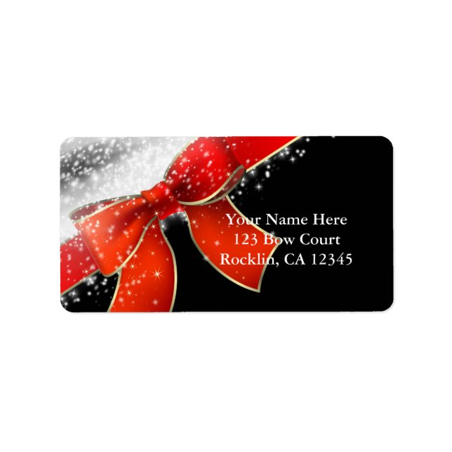 Red Bow Sparkles Chic  Black Christmas Invitations Label (Front)