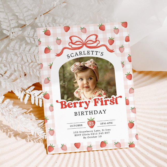 Red Bow Strawberry Berry First Birthday Photo Invitation (Creator Uploaded)