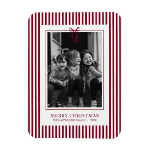 Red Bow Stripe Holiday Family Photo Magnet