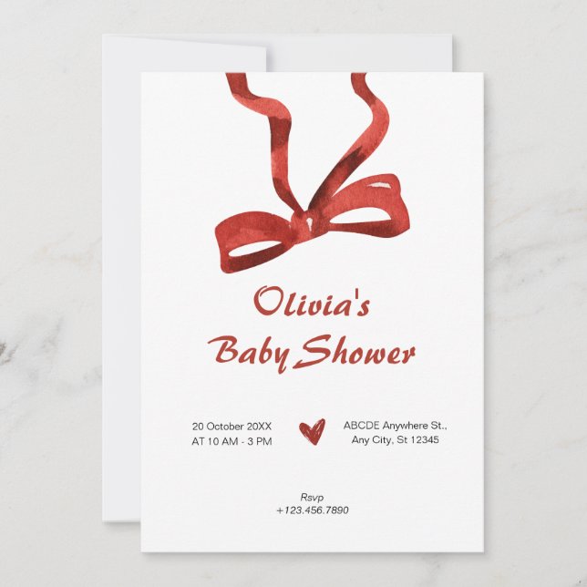 Red bow tie ribbon baby shower invitation (Front)