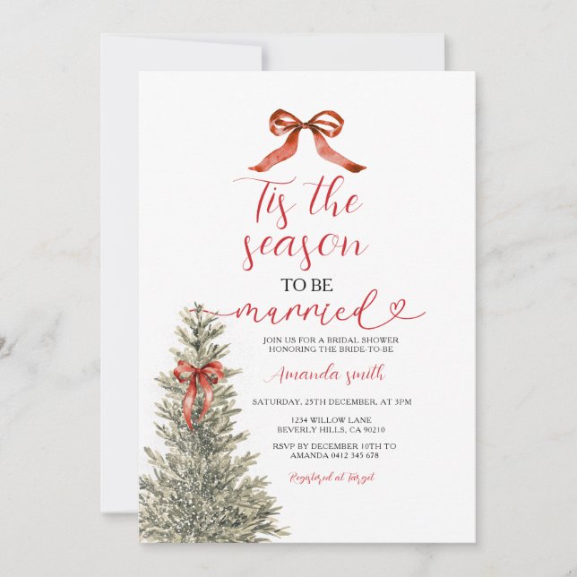 Red Bow Tis The Season to Be Married Bridal Shower Invitation (Front)