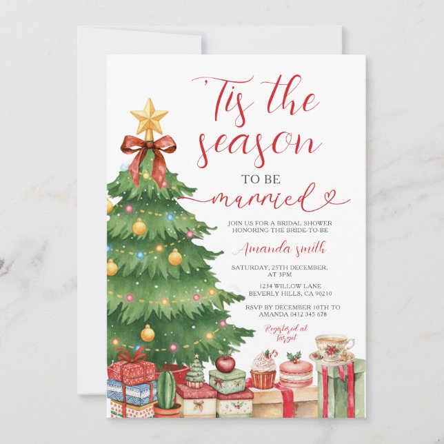 Red Bow Tis The Season to Be Married Bridal Shower Invitation (Front)