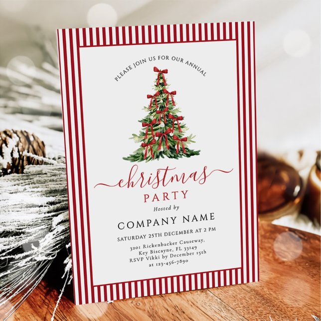 Red Bow Traditional Tree Christmas Party Invitation (Creator Uploaded)