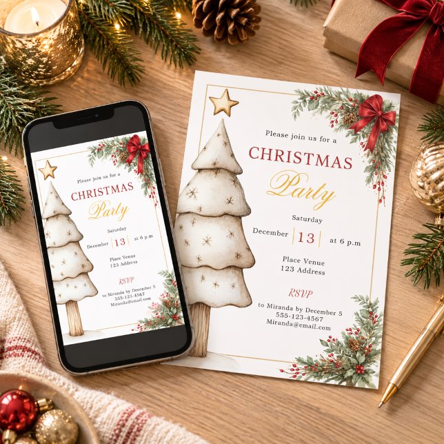 Red bow tree Christmas Party Invitation (Creator Uploaded)