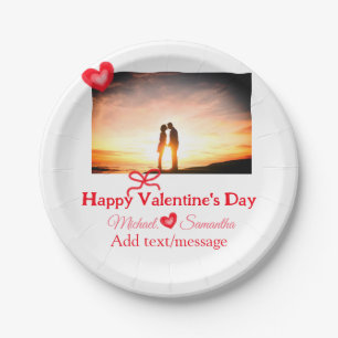 Red bow valentine's day add photo name heart love paper plate