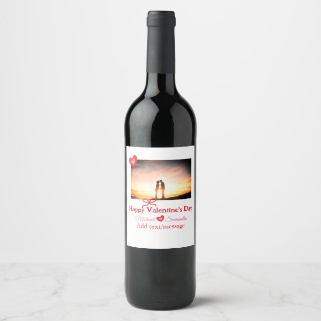 Red bow valentine's day add photo name heart love  wine label (Front)