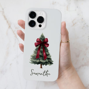 Red Bow Watercolor Christmas Tree Script Name iPhone 14 Pro Max Case