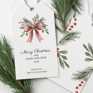 Red Bow Watercolor Green Holly Berries Christmas Gift Tags