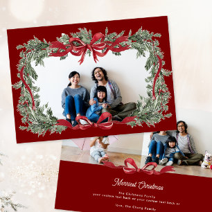 Red Bow Watercolor Greenery Wreath 3 Photo Collage Holiday Card