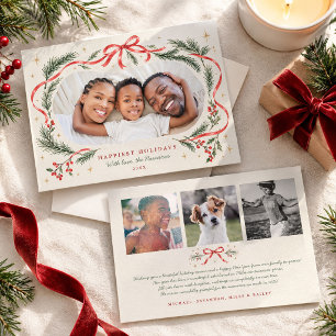 Red Bow Watercolor Pine Garland Family Photo Holiday Card