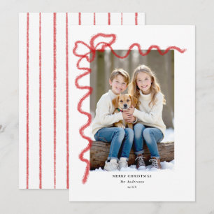 Red Bow Wavy Hand Drawn Frame Chic Photo Christmas Holiday Card