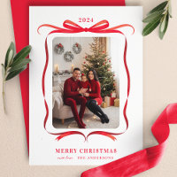 Red Bow Wavy Ribbon Frame Merry Christmas Photo