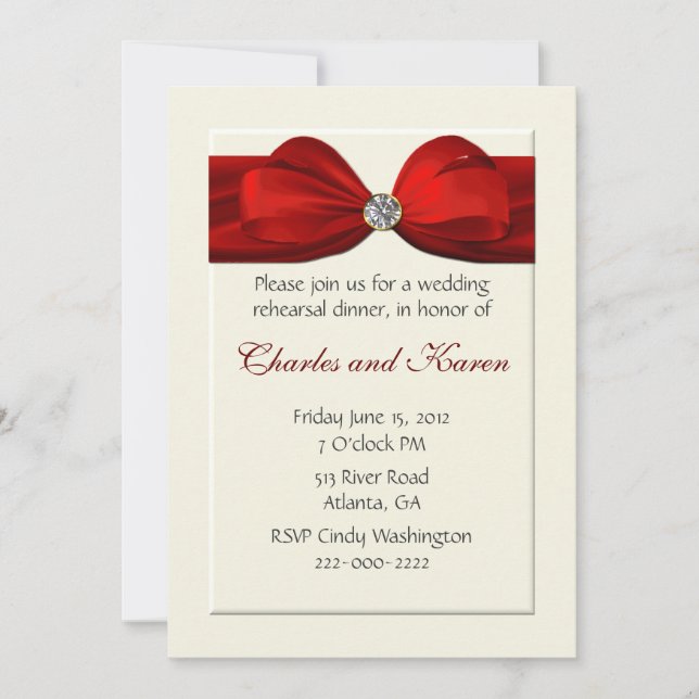 Red Bow Wedding Rehearsal Dinner Invitation (Front)