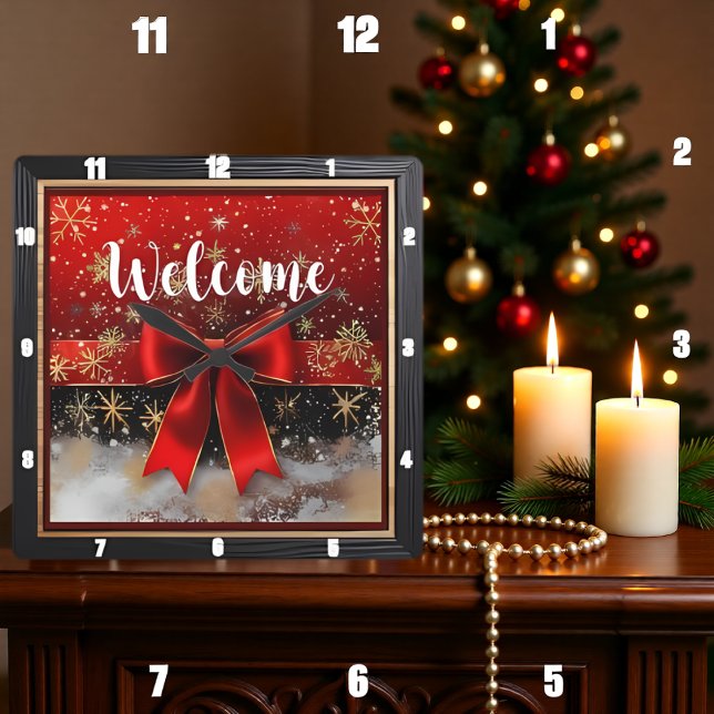 Red Bow Welcome Christmas Square Wall Clock (Creator Uploaded)