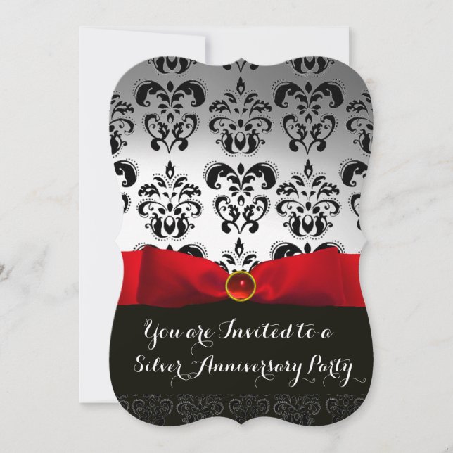 RED BOW WHITE BLACK DAMASK WEDDING ANNIVERSARY INVITATION (Front)