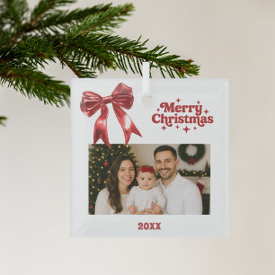 Red bow white Christmas photo Glass Tree Decoration