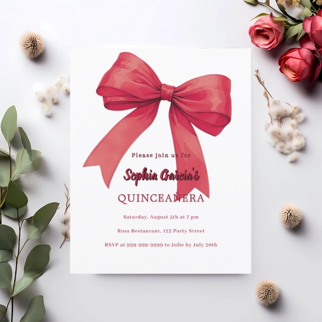 Red bow white Quinceanera invitation (Creator Uploaded)