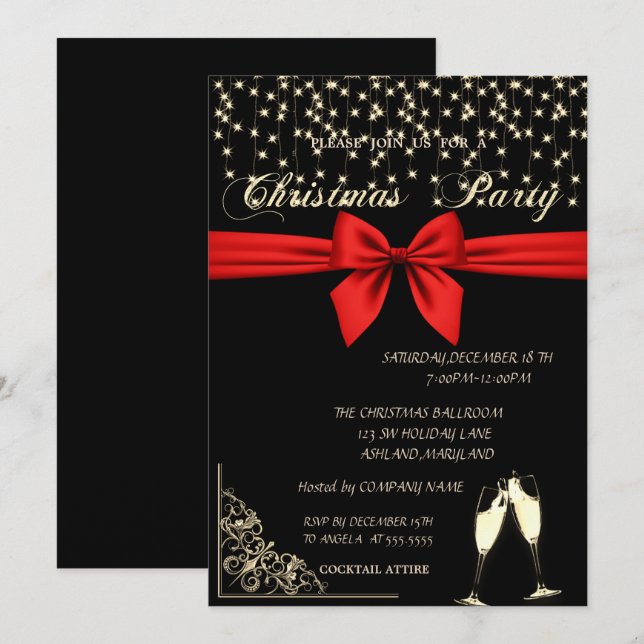 Red Bow,Wine Glass,Black Company Christmas Party Invitation (Front/Back)