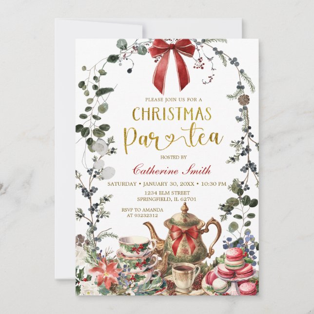 Red Bow Winter Greenery Christmas Tea Party Invitation (Front)