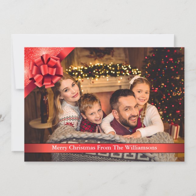 Red Bow With Red Ribbon Merry Christmas Photo Holiday Card (Front)