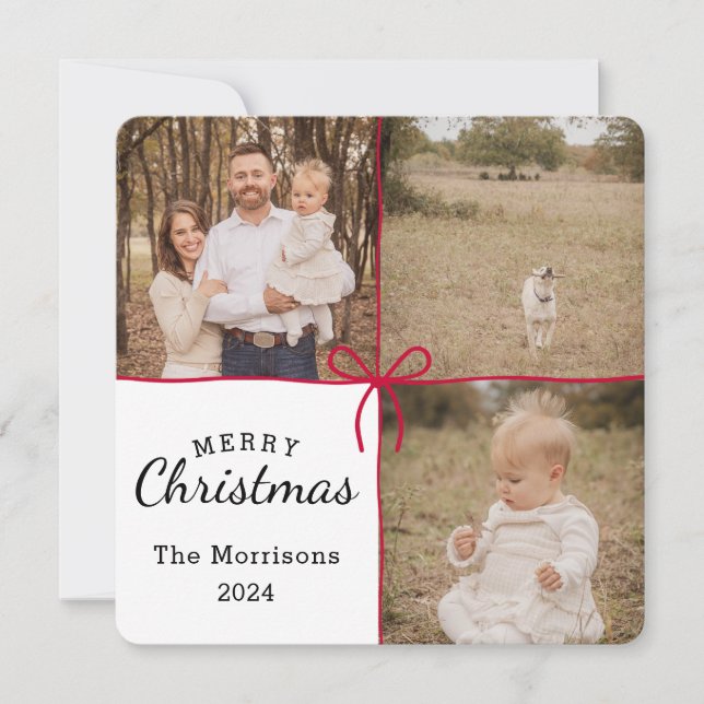 Red Bow Wrapping 3 Picture Christmas Card (Front)